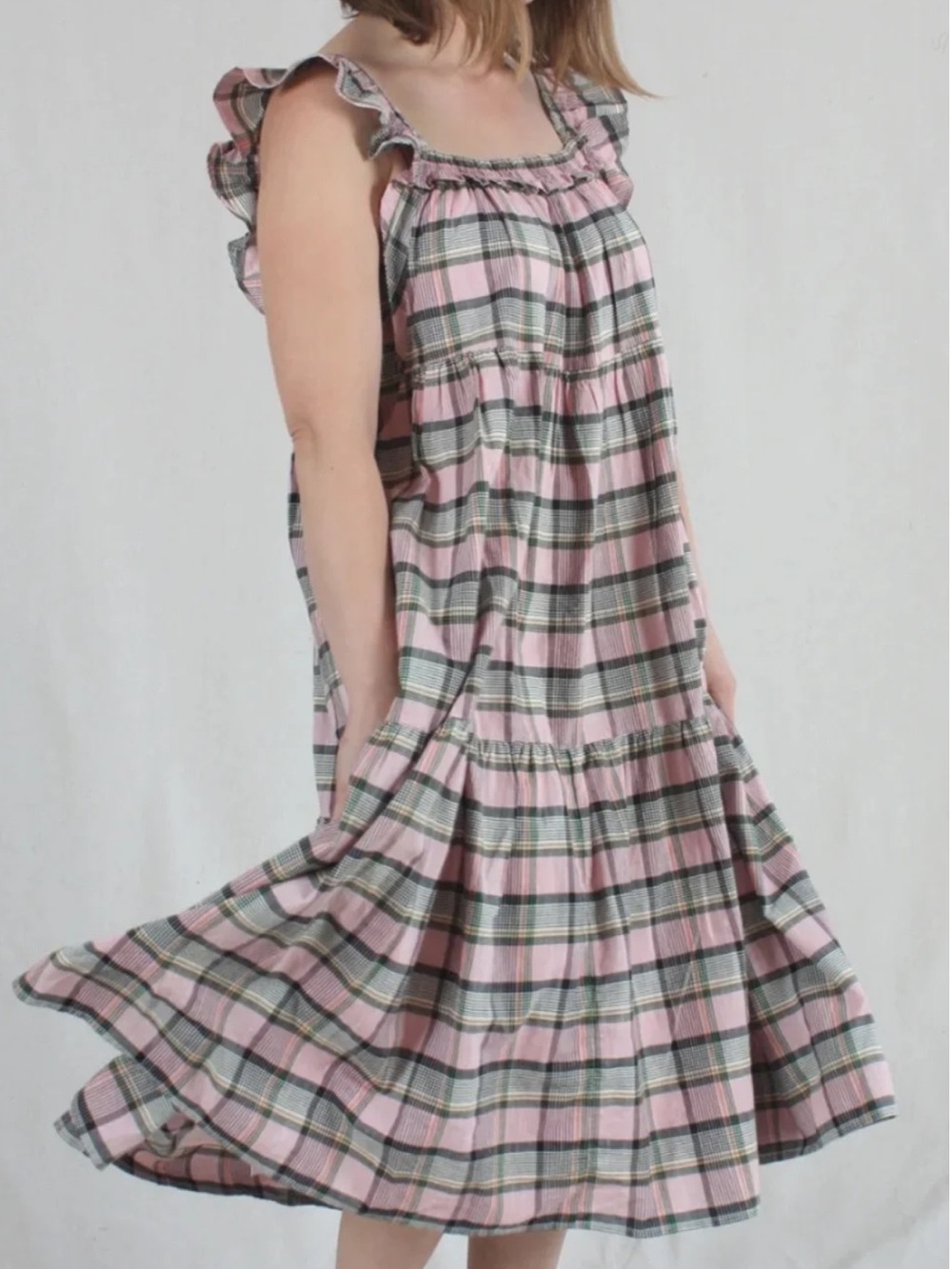 APIECE APART Ossetia Tiers Cotton Midi Dress Madras Plaid Med Cottagecore Smocke